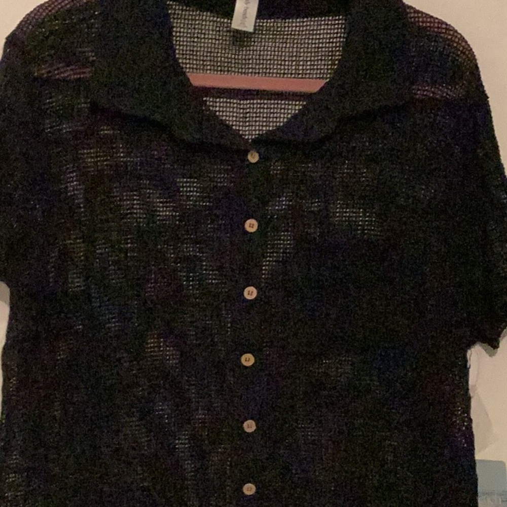 Black 2 Piece Mesh Button Down Swim Coverup with Notched Collar - Picture 3 of 16